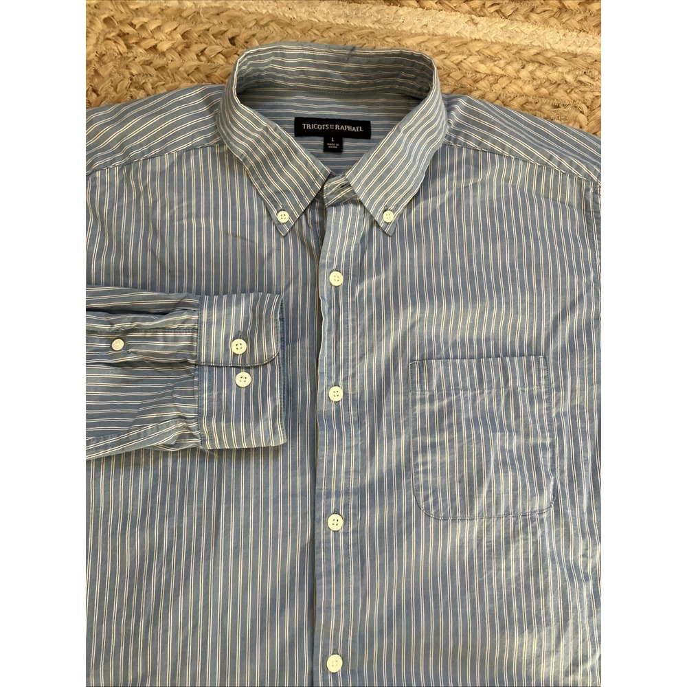 Tricots St Raphael Mens Blue White‎ Striped Button Down Shirt Cotton Large L